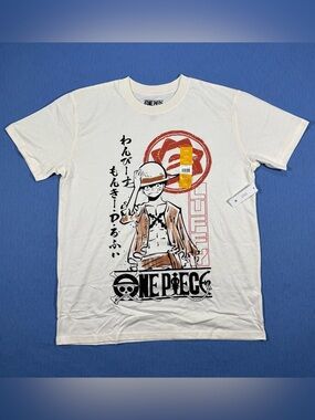 One Piece Monkey D. Luffy Straw Hat Anime Tofu/Creme Size Large Graphic T-Shirt